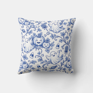 Blue and White Halloween Toile Pattern Cute Ghosts Cushion