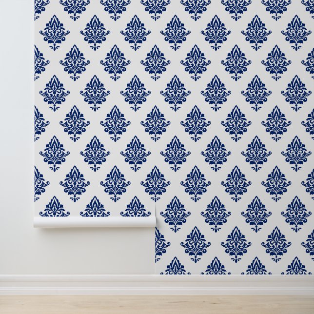 Blue and White Hamptons Style Damask Pattern Wallpaper (Application)