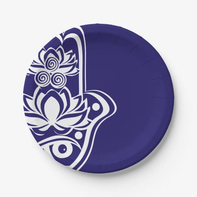 Blue and White Hamsa Paper Plate (Front)
