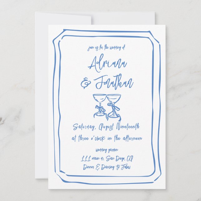Blue and White Hand Drawn Wedding Details Qr Code Invitation (Front)
