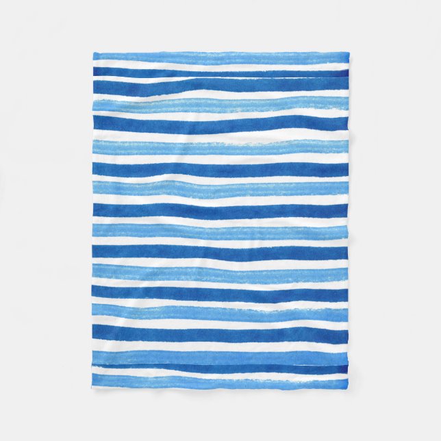 Blue and white handpainted stripes fleece blanket (Front)