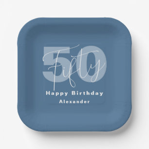 Blue And White Happy 50th Birthday Celebration Paper Plate
