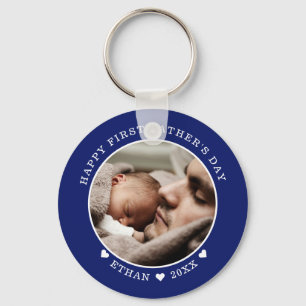 Blue And White Happy First Father's Day Photo     Key Ring