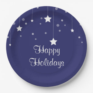Blue and White Happy Holidays Paper Plate