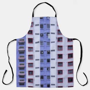 Blue and white high-rise building apron