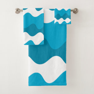 Blue and white horizontal waves pattern  bath towel set