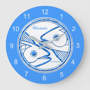 Blue and White Horoscope Zodiac Sign Pisces Large Clock