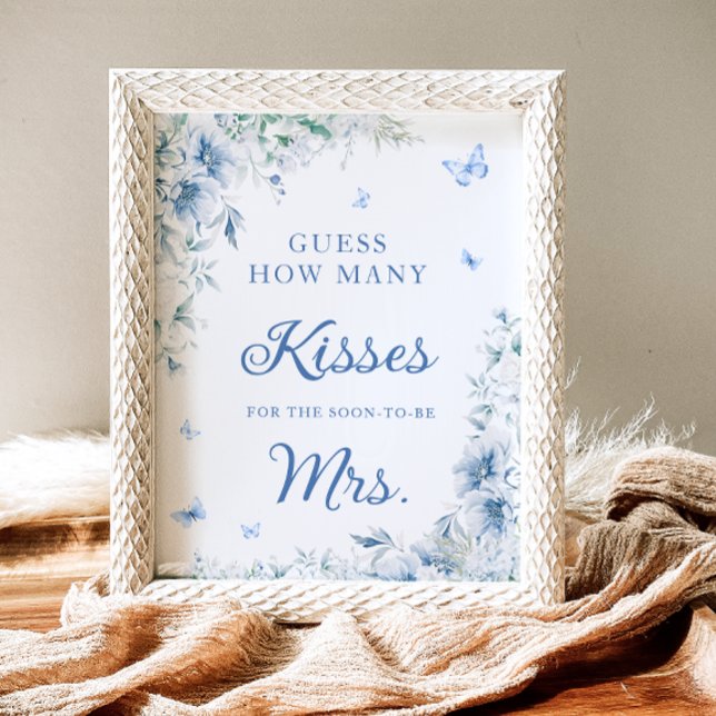 Blue and White How Many Kisses Bridal Shower Game Poster (Creator Uploaded)