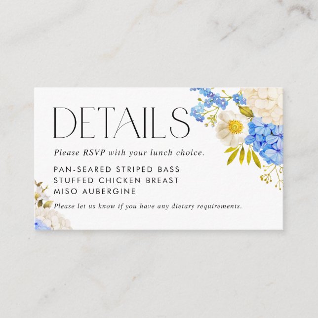 Blue and White Hydrangea Meal Choice Details Enclosure Card (Front)