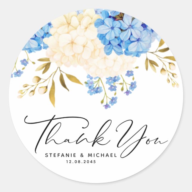 Blue and White Hydrangeas Floral Wedding Thank You Classic Round Sticker (Front)