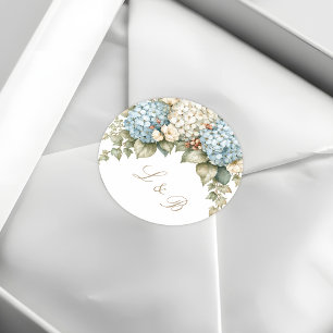 Blue and White Hydrangeas Monogram Classic Round Sticker