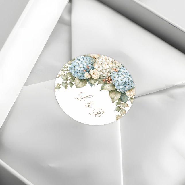 Blue and White Hydrangeas Monogram Classic Round Sticker (Creator Uploaded)