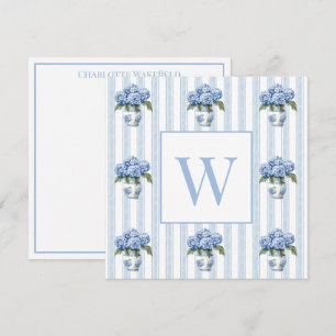 Blue and White Hydrangeas on Stripes Monogram Card