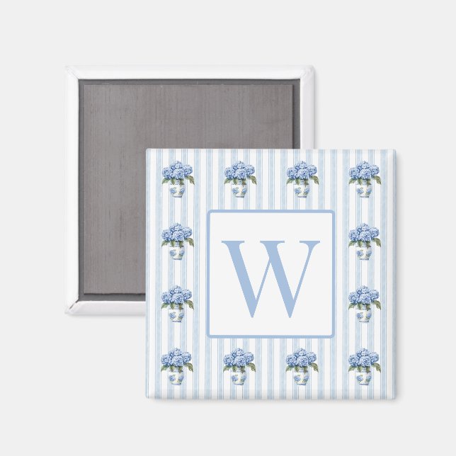 Blue and White Hydrangeas on Stripes Monogram Magnet (Front/Back)