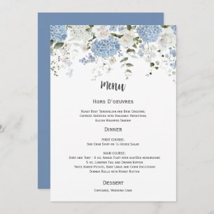 Blue and White Hydrangeas White Roses Wedding Menu Invitation