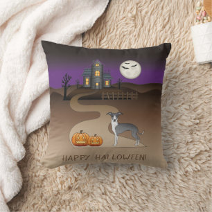 Blue And White Iggy And Halloween Haunted House Cushion