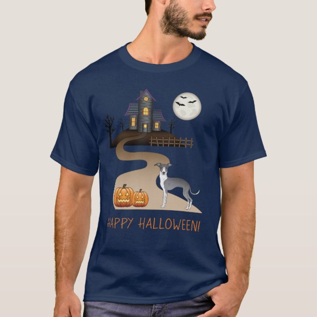 Blue And White Iggy And Halloween Haunted House T-Shirt (Front)