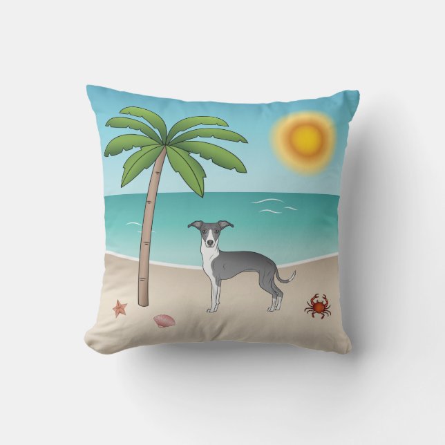 Blue And White Iggy Dog At A Tropical Summer Beach Cushion (Front)