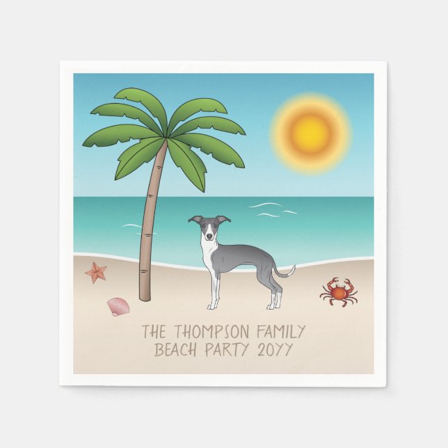 Blue And White Iggy Dog At A Tropical Summer Beach Napkin (Front)