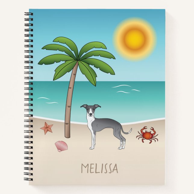 Blue And White Iggy Dog At A Tropical Summer Beach Notebook (Front)