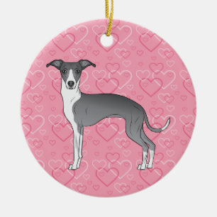 Blue And White Iggy Dog - Pink Hearts Pet Memorial Ceramic Tree Decoration