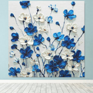 Blue and White Impasto Floral Abstract Wall Art