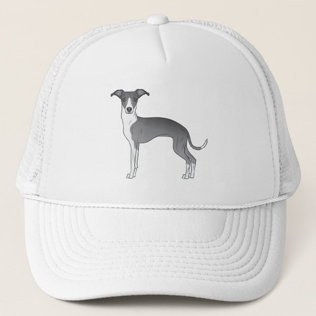 Blue And White Italian Greyhound Cute Cartoon Dog Trucker Hat (Front)