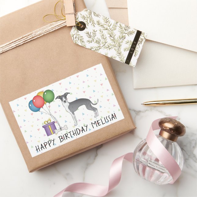 Blue And White Italian Greyhound - Happy Birthday Rectangular Sticker (Gifting)