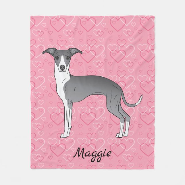 Blue And White Italian Greyhound On Pink Hearts Fleece Blanket (Front)