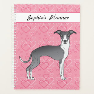 Blue And White Italian Greyhound On Pink Hearts Planner