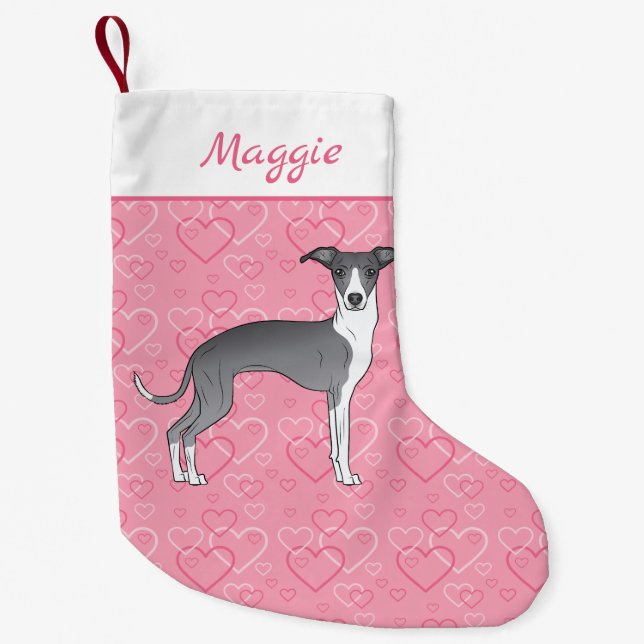 Blue And White Italian Greyhound On Pink Hearts Small Christmas Stocking (Front)