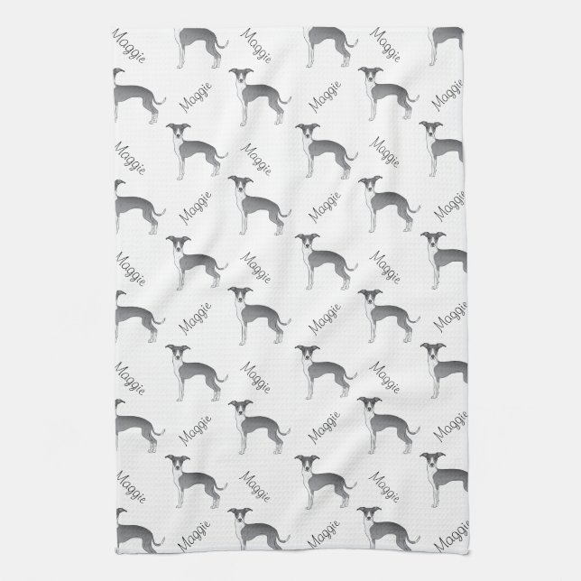 Blue And White Italian Greyhound Pattern With Name Tea Towel (Vertical)