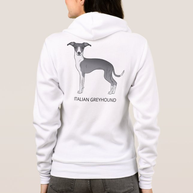 Blue And White Italian Greyhound With Custom Text Hoodie (Back)