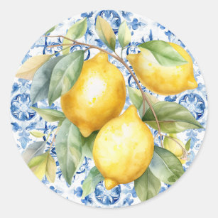 Blue and white Italian watercolor tile and lemons Classic Round Sticker