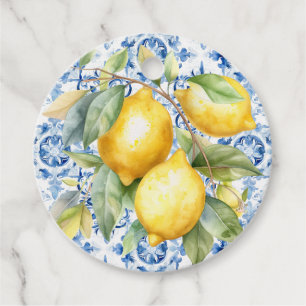 Blue and white Italian watercolor tile and lemons Favour Tags