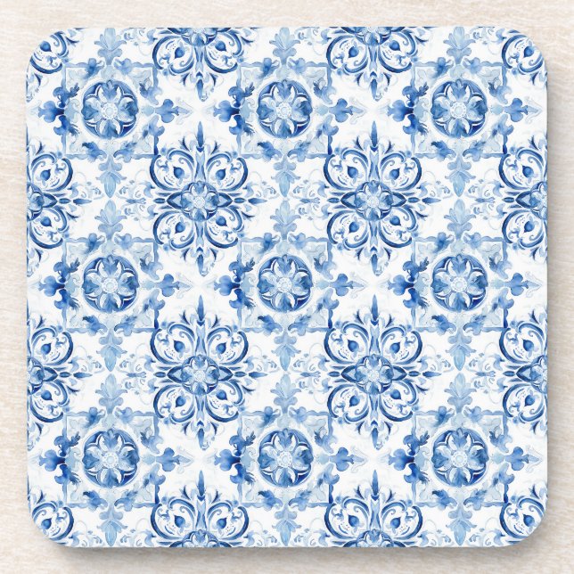 Blue and white Italian watercolor tile pattern Coaster (Front)