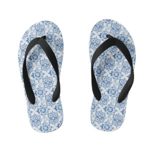 Blue and white Italian watercolor tile pattern Kid's Jandals