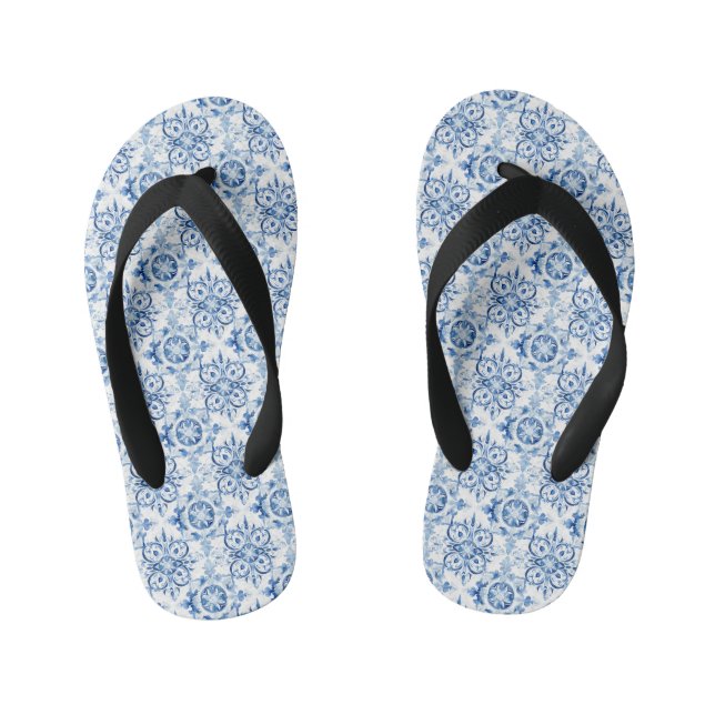 Blue and white Italian watercolor tile pattern Kid's Jandals (Footbed)