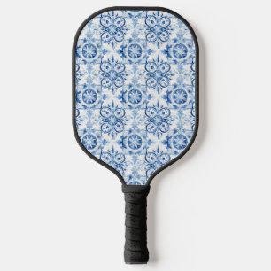 Blue and white Italian watercolor tile pattern Pickleball Paddle