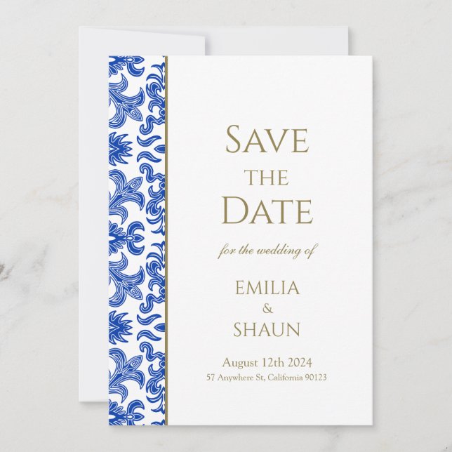 Blue and White Italian Wedding Save the Date Invitation (Front)