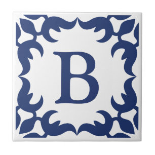 Blue and White Jade Scroll Frame Monogram Tile