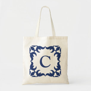 Blue and White Jade Scroll Frame Monogram Tote Bag
