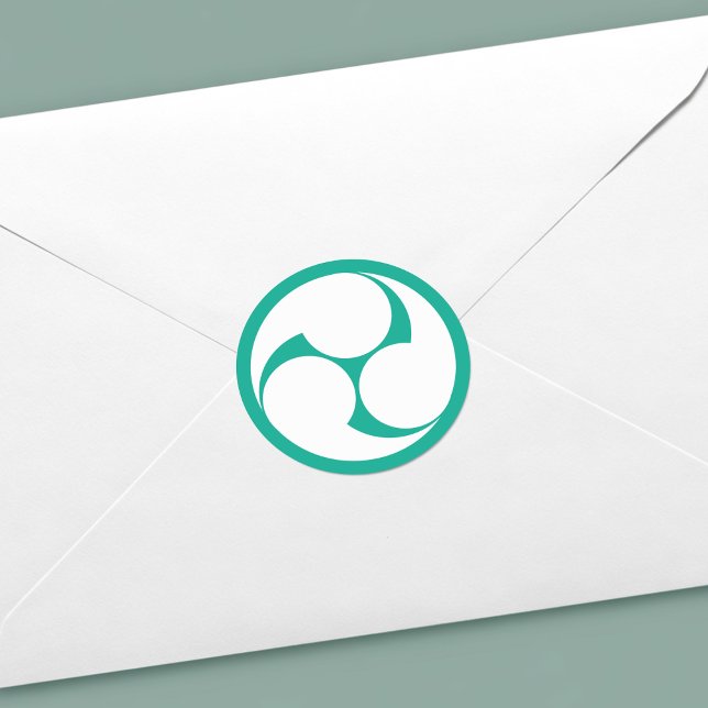 Blue and White Japanese Mitsudomoe Crest Symbol Classic Round Sticker (Japanese Mitsudomoe Symbol- Envelope Seal View)
