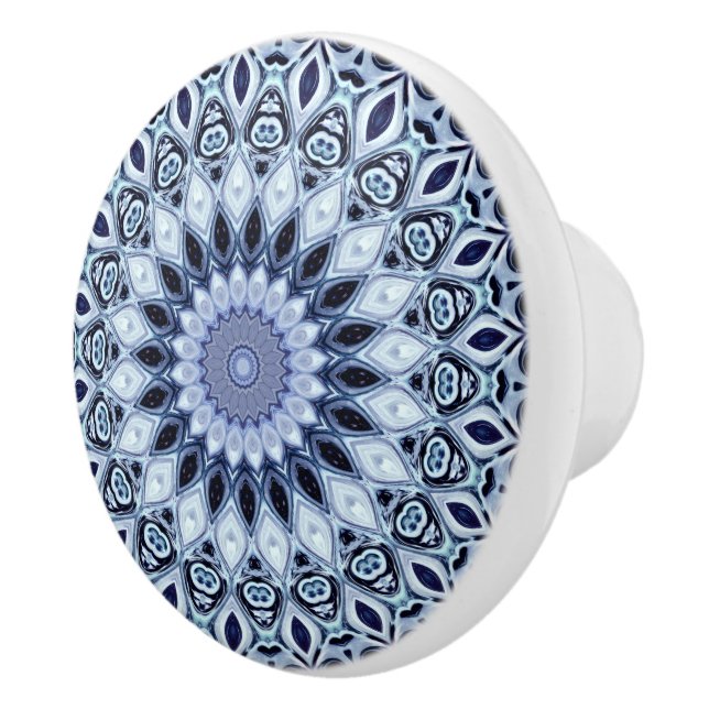 Blue and White Kaleidoscope Mandala Pattern Ceramic Knob (Right)