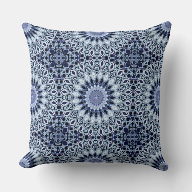 Blue and White Kaleidoscope Mandala Pattern Cushion (Front)