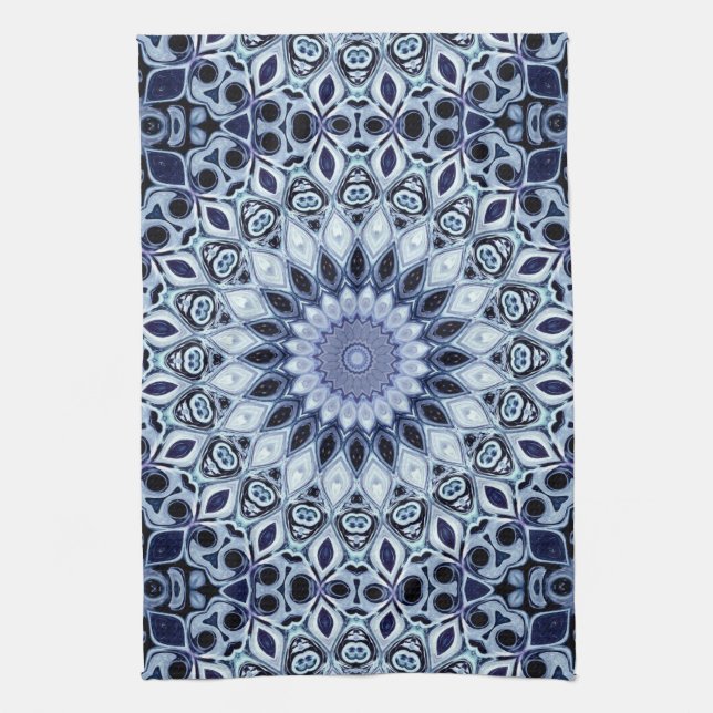 Blue and White Kaleidoscope Mandala Pattern Tea Towel (Vertical)