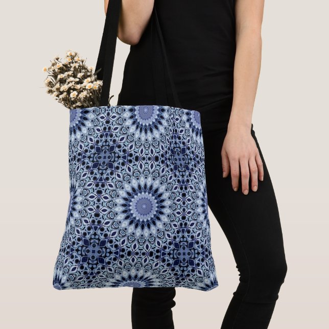 Blue and White Kaleidoscope Mandala Pattern Tote Bag (Close Up)