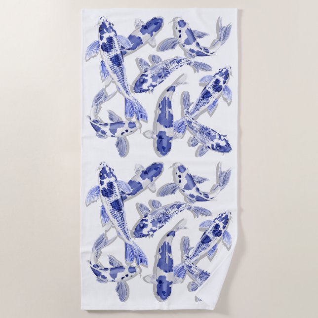 Blue and white koi beach towel (Front)