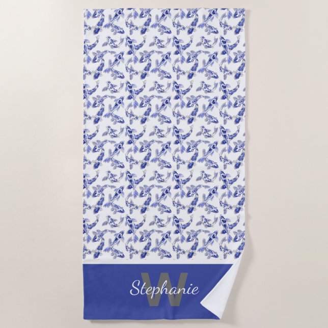 Blue and white koi fish  beach towel (Front)