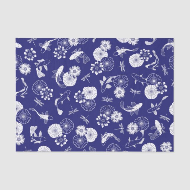 Blue and White Koi Fish in Lotus Pond Pattern Tissue Paper (Front)